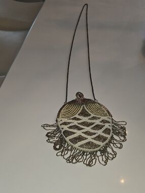 Beaded Fringe Evening Bag in Gold and Bronze and White And Yellow Pearls.